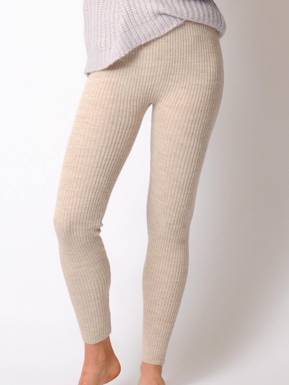 LAUREN MANGOOGIAN Ribbed Leggings High-Waisted Neutral Taupe Tan Hessian 1 - S/M